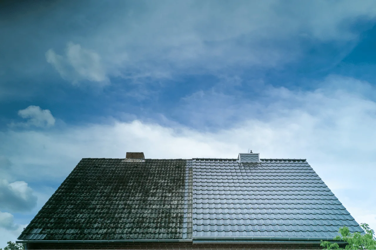 Shingle roof beneath a cloudy sky